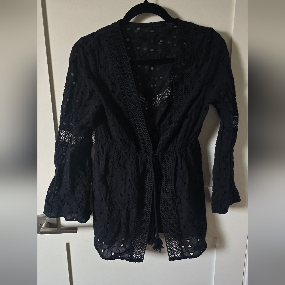 Black Eyelet Lace Tie-Front Cover Up